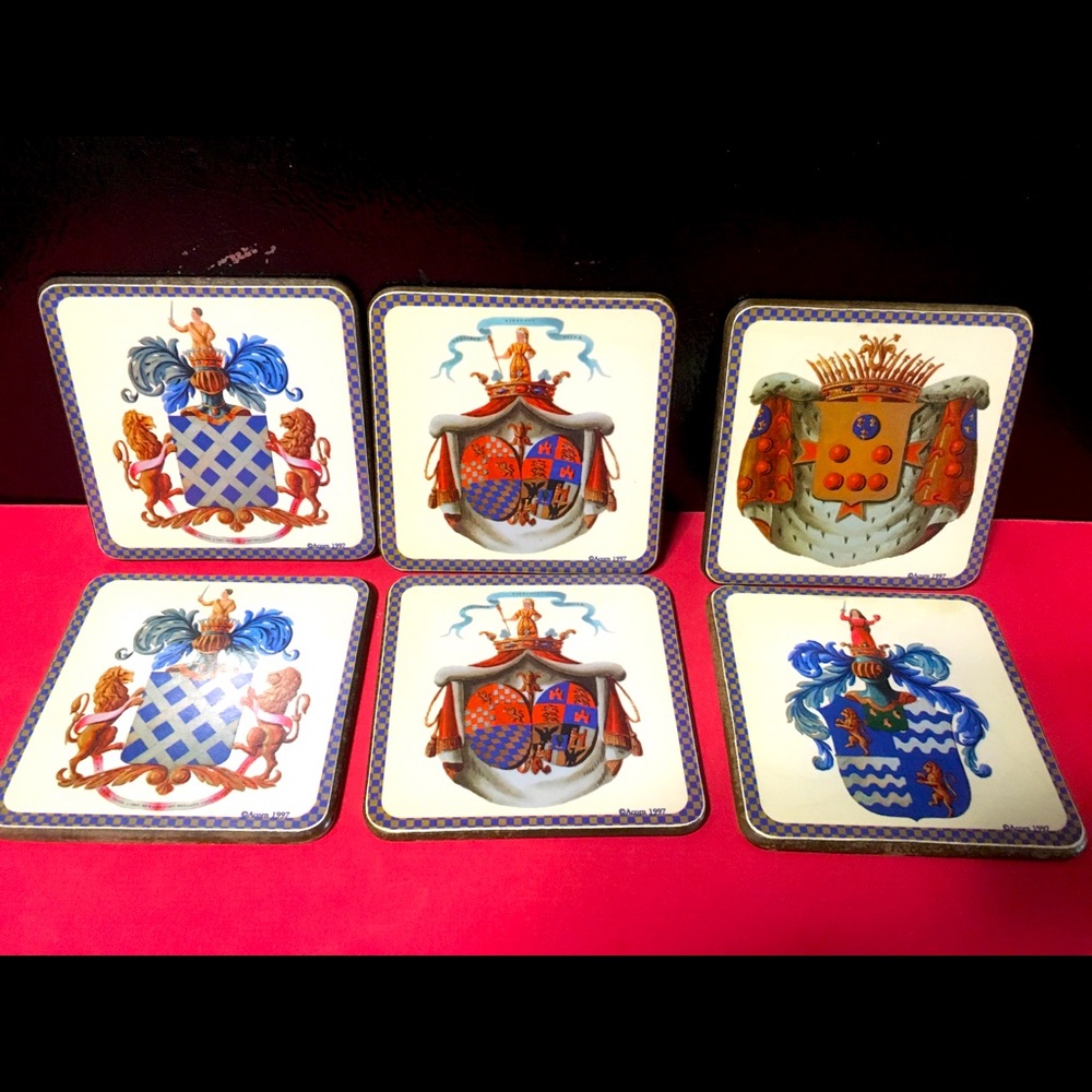 COAT OF ARMS COASTER SET(6) VINTAGE 90s CORK BACKING BY ACORN